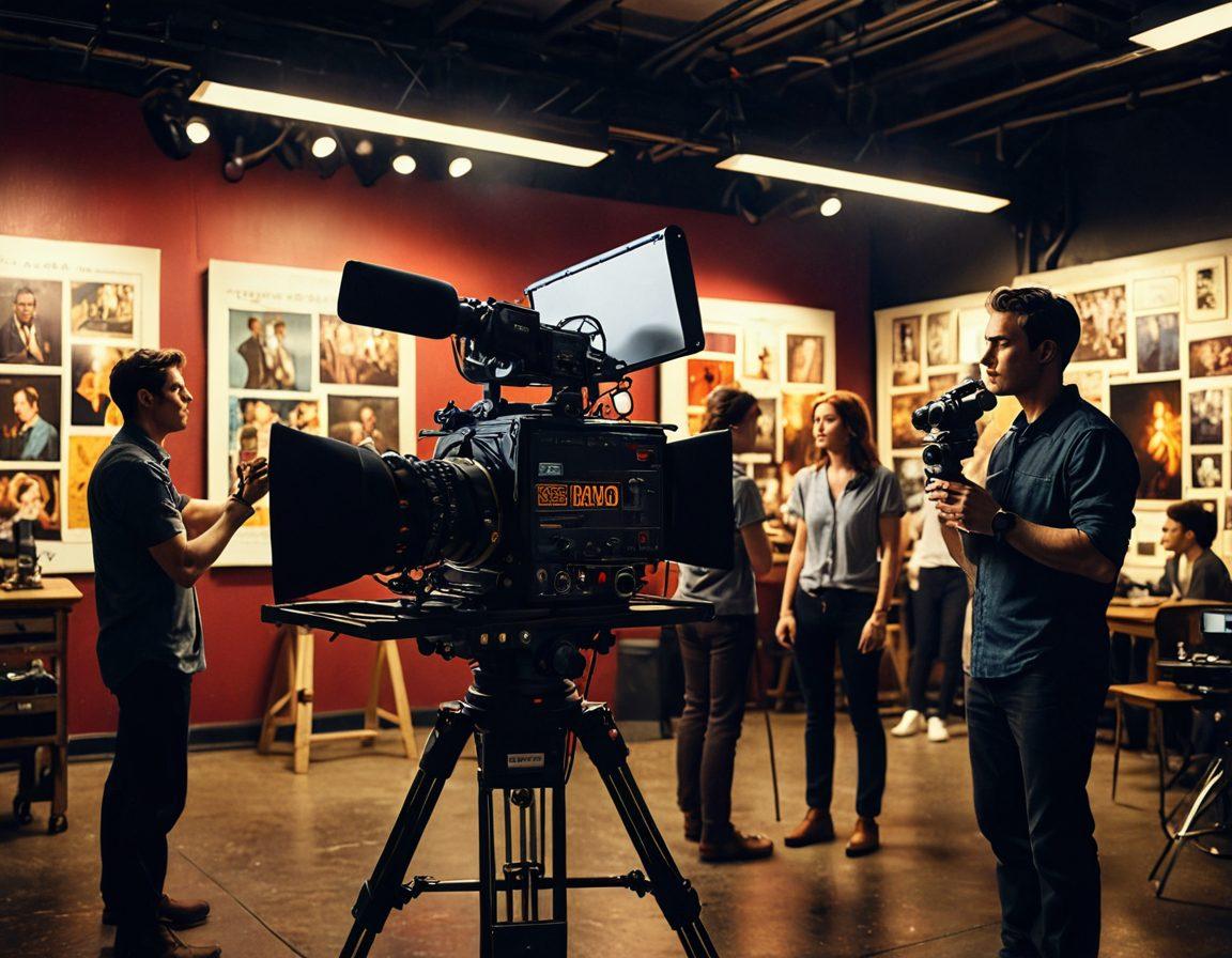 A dynamic film set capturing crew members in action, with a camera operator filming a dramatic scene under bright studio lights. Surrounding the set are clapperboards and vibrant movie posters, showcasing classic film genres. In the background, a director is engaged with actors, conveying creativity and collaboration. The atmosphere is lively and filled with energy, reflecting the passion of filmmaking. super-realistic. vibrant colors. cinematic atmosphere.