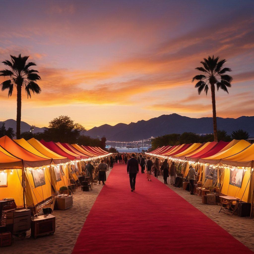 A breathtaking cinematic scene featuring a bustling film festival with colorful tents and stars walking down a red carpet. In the foreground, a thoughtful director reviews a script under a spotlight, surrounded by vintage cameras and film reels. Behind them, a vibrant crowd is captivated by outdoor screenings against a sunset backdrop. Incorporate elements of glamour, creativity, and passion for filmmaking. super-realistic. vibrant colors. cinematic atmosphere.