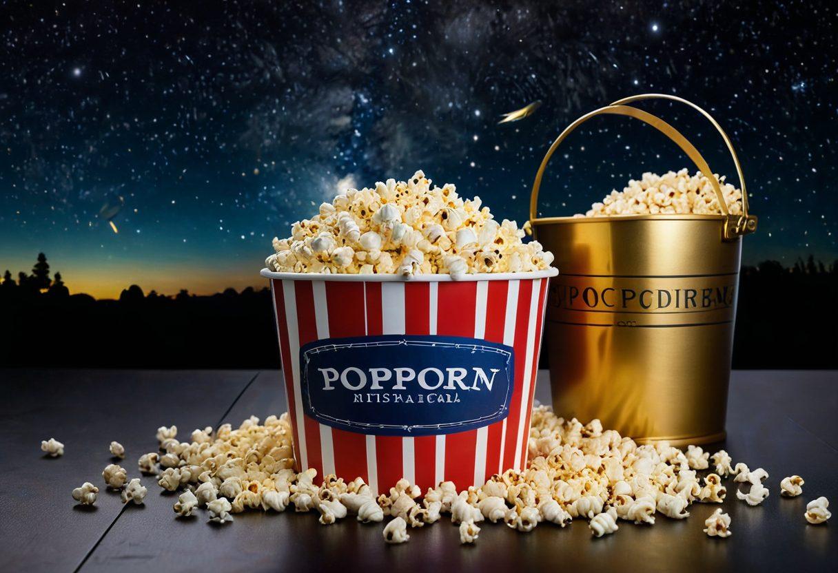A mesmerizing film reel unfurling against a dark, starry background, showcasing iconic scenes from both blockbuster feature films and indie gems. Include a vintage popcorn bucket spilling out golden popcorn, illuminated by a soft, magical glow. Add subtle film-related motifs like clapperboards and film strips blending into the backdrop. cinematic illustration. vibrant colors. dramatic lighting.